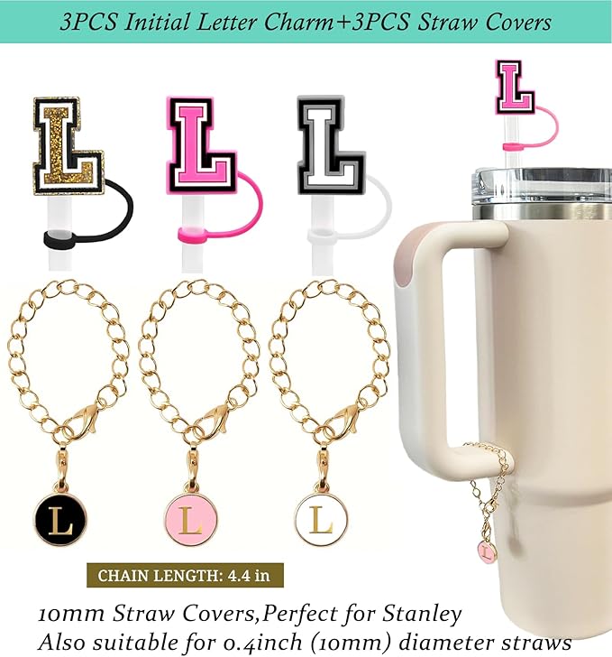（3 +3) 3PCS Nuozme Straw Cover 10mm For Stanley Tumbler Cup Reusable Straw Cap Topper with 3 Initial Letter Charms Accessories Name ID Personalized Handle Charm For Stanley 30&40 Oz Cup Tumbler