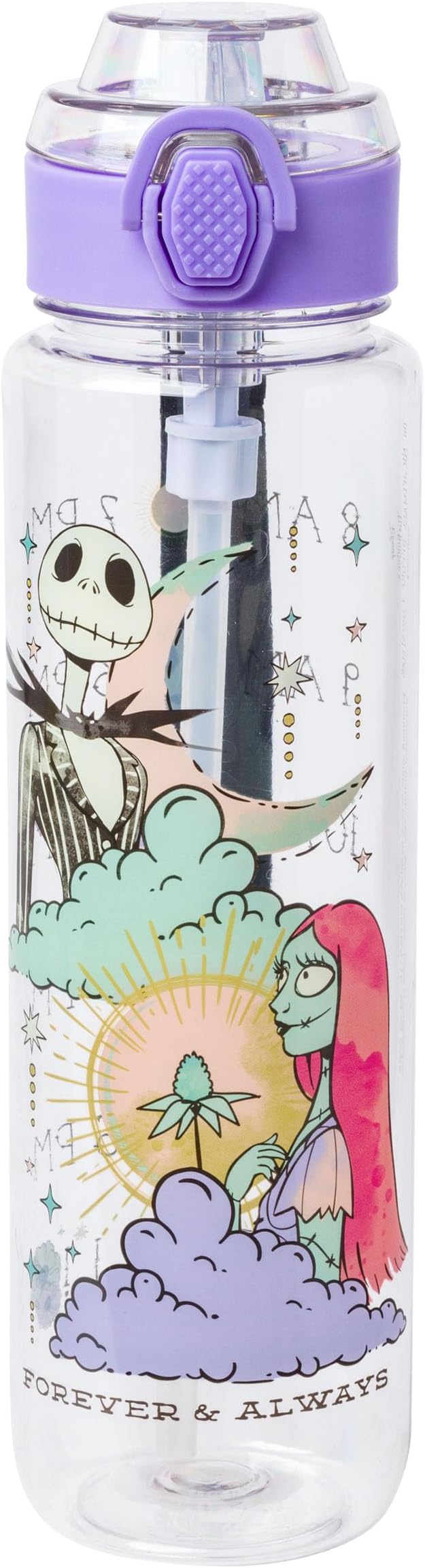Silver Buffalo Disney Tim Burton's Nightmare Before Christmas Mystic Opulence Hydration Tracker Schedule Plastic Water Bottle With Locking Lid, Strap, and Straw, 33 Ounces