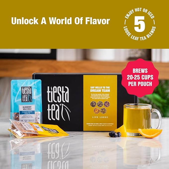 Tiesta Tea - Tiesta's Top Loose Leaf Tea Gift Box, High to Non-Caffeinated Variety Pack, Make Hot & Iced Brews, 5 Pouches of Assorted Blends with Green, Herbal, Black & Fruit Bags