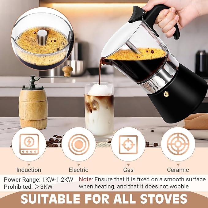 Induction Moka Pot, 9 Cups Crystal Glass-Top & Stainless Steel Moka Pot - Image 4