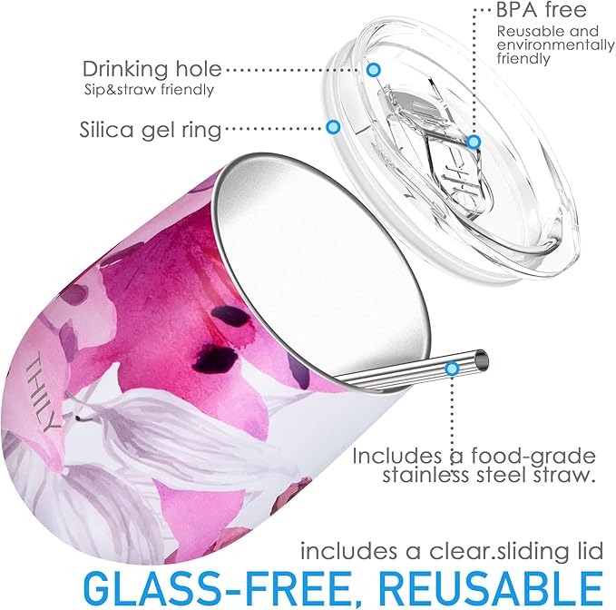 THILY Stainless Steel Insulated Wine Tumbler Stemless Wine Glass with Lid and Straw, Splash-proof, Cute Travel Cup for Coffee, Cocktails, Gifts for Women, Her, Wife, Lotus Flower