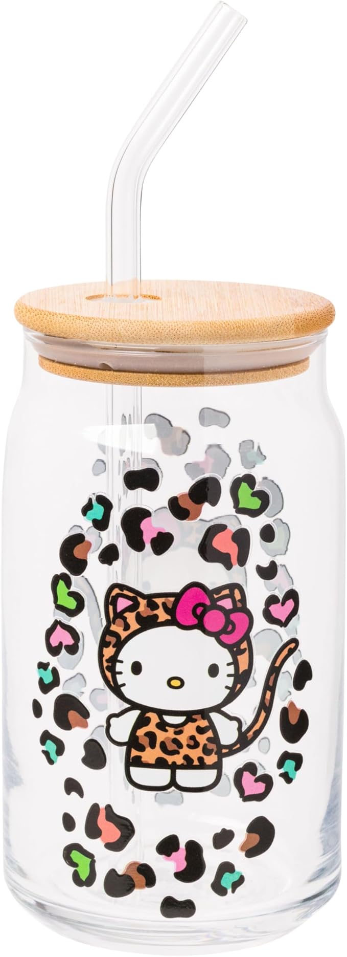 Silver Buffalo Sanrio Hello Kitty Leopard Print Glass Tumbler with Bamboo Lid and Glass Straw, 16 Ounces