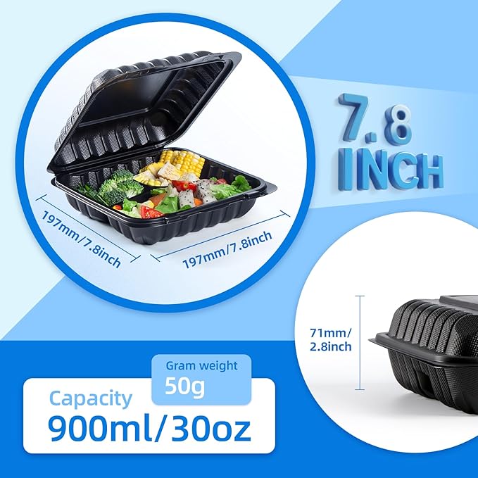 YANGRUI Disposable Containers 7.8" 30 oz 65 Pack - Shrink Wrap BPA Free Mineral Filled PP Plastic Food Container | 3 Compartment Freezer & Microwave Safe | Black Heavy Duty Clamshell Takeout Boxes