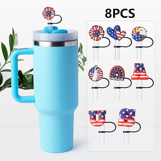 8Pcs 4th of July (USA) Straw Cover Cap for Stanley Cup 40oz/30oz Tumbler, 10mm Reusable Cute Drinking Straw Topper Accessories, Portable Protector Plugs Decorations Gifts for Party Favors