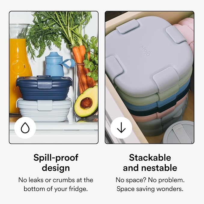 STOJO Collapsible Sandwich Box – 24oz, Reusable Food Storage Container, Silicone Bowl for Hot/Cold Food – Meal Prep, Lunch, Camping, Hiking – Dishwasher Safe (Set of 5, Denim)