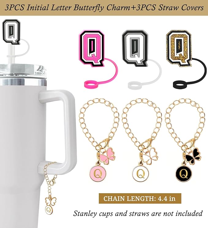 （3 +3) Nuozme Straw Cover Compatible with Stanley Tumbler Cup 3PCS Letter Straw Caps Toppers with 3 Initial Butterfly Charms Name ID For Stanley 30&40 Oz Cup