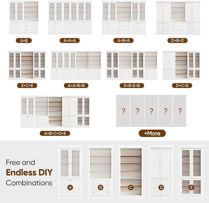70.8" Tall Farmhouse Kitchen Pantry Cabinet, Modular Storage Cabinet with 6-Tier Adjustable Shelves, White, Wooden Hutch for Living Room, Kitchen, Set of 3