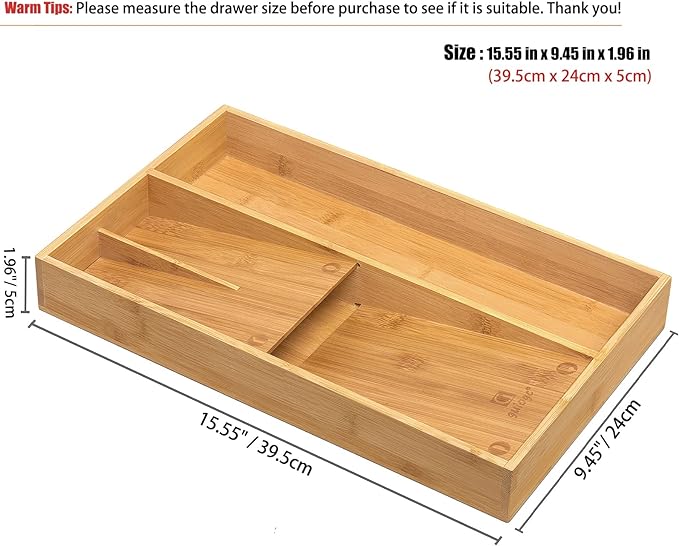 Bamboo silverware tray organizer, Utensil Holder and Cutlery Tray for Drawer, Kitchen Drawer Organizer Divider for Spoons Forks Knives