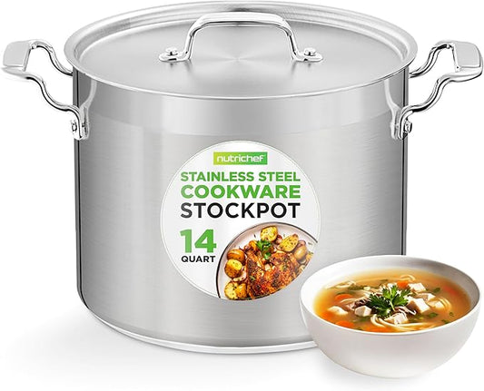 Stainless Steel Cookware Stockpot - 14 Quart, Heavy Duty Induction Pot, Soup Pot with Stainless Steel, Lid, Gas, Induction, Ceramic, Glass and Halogen Cooktops Compatible - NutriChef NCSPT14Q