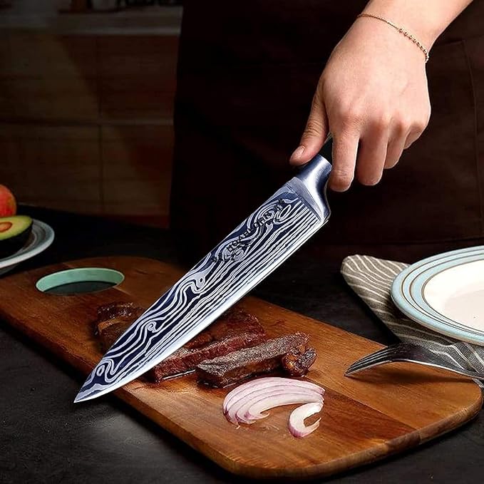 Knife Set, 7-Piece Kitchen Knives Set with Block Professional Stainless Steel Knives Set for Kitchen Damascus Knives Set with Built-in Knife Sharpener for Chef's Family