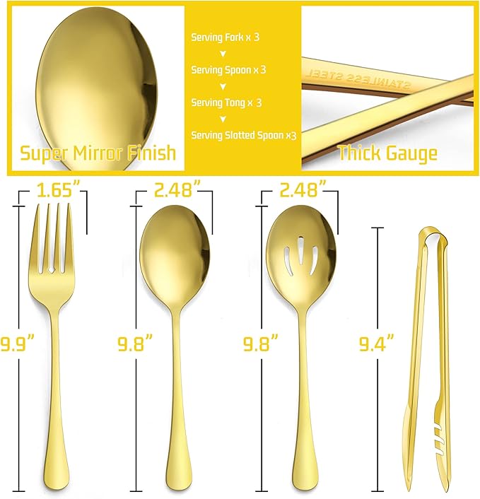 Large Gold Serving Utensils Set of 12, E-far Stainless Steel 9.8 Inch Serving Spoons Slotted Spoon, 9.9 Inch Forks, 9.4 Inch Tong for Buffet Catering, Mirror Finish & Dishwasher Safe