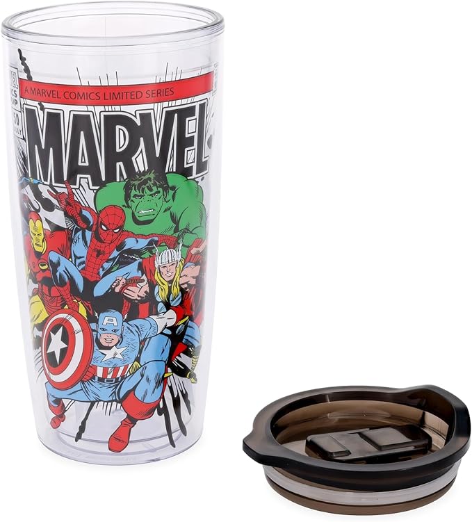 Silver Buffalo Marvel Avengers Featuring Spider-Man, Captain America, Thor, Hulk, and Iron Man Double Wall Travel Tumbler with Slide Close Lid, 20 Ounces