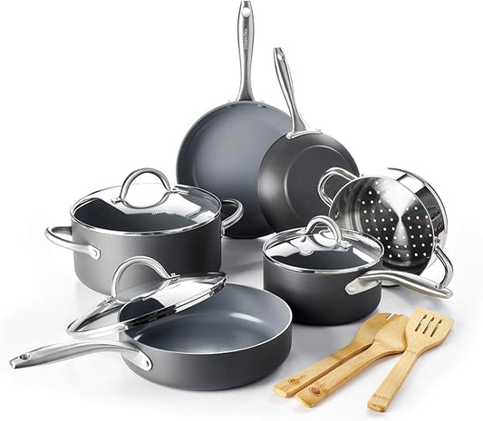 GreenPan Lima Hard Anodized Healthy Ceramic Nonstick 12 Piece Cookware Pots and Pans Set, PFAS-Free, Oven Safe, Gray