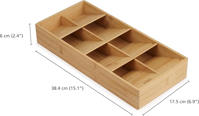 Joseph Joseph Drawer Store Large Compact Flatware, Silverware, Cutlery Drawer Organizer, 8 compartments, Holds 48 Pieces, Bamboo