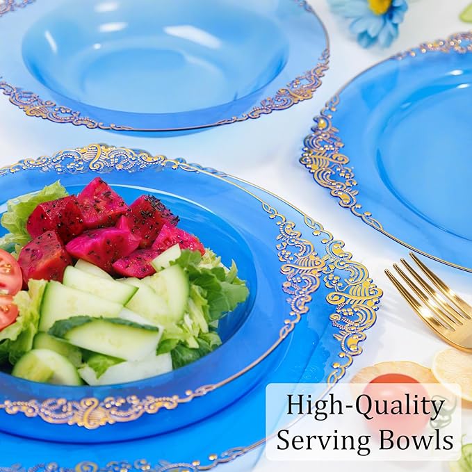 Nervure 50PCS Blue Plastic Bowls with Gold Rim - 12oz Disposable Soup Bowls, Heavy Duty Salad Dessert Bowl Perfect For Weddings, Father's Day and Everyday Use