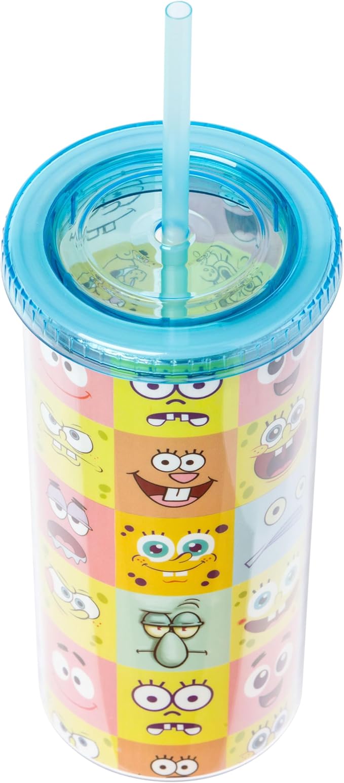 Silver Buffalo Spongebob Squarepants Character Emotions Grid Featuring Patrick Star, Sandy Cheeks, Squidward Tentacles, and Fish Plastic Tall Cold Cup With Lid and Straw, 20 Ounces