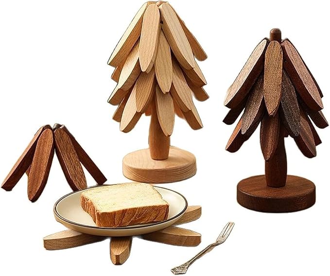 Natural Wood Tree Trivet Set, 𝐍atural Tree Trivet Set - 4 Wooden Trivets,4 Wooden 𝐓rivets & 1 Stand Like a Christmas Trees,for Hot Dish,Pot,Bowl,Teapot,Hot Pot Sets (Walnut Finish 4 Trivets,2set)