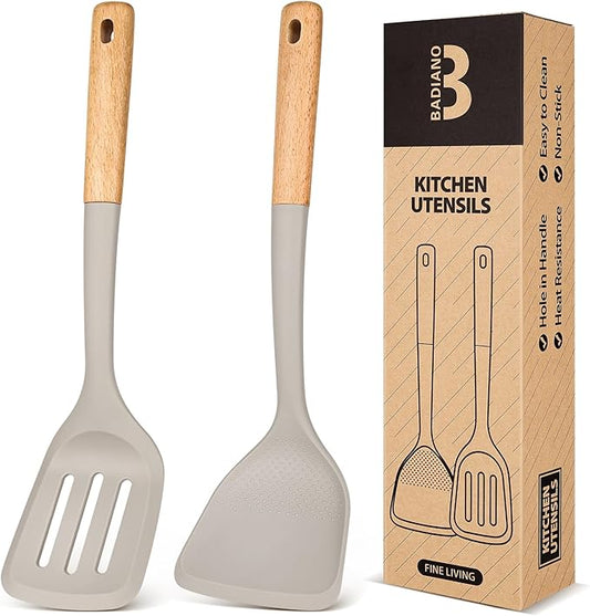 Silicone Wok Spatula Turner Set, Perfect for Scooping, Flipping, Lifting Pancakes and Picking up Veggies, BPA-Free Matte Silicone, Wooden Handles, Safe for Nonstick Cooking Surfaces (Khaki)