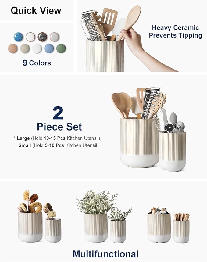 LE TAUCI Utensil Holder, 7.3"+5.4" Ceramic Kitchen Utensil Holder for Countertop, Large Cooking Utensil Crocks Gift for Mom, Boho Farmhouse Kitchen Decor, Set of 2, Reactive Glaze Arctic White