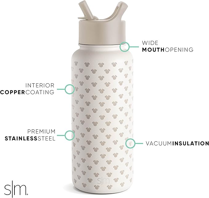 Simple Modern Disney Minnie Mouse Character Water Bottle with Straw Lid Vacuum Insulated Stainless Steel Metal Thermos | Reusable Leak Proof Flask for Gym, Travel, Sports | Summit Collection | 32oz