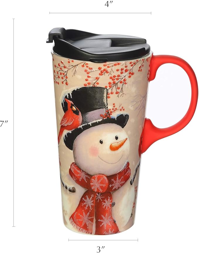 Topadorn Christmas Ceramic Travel Mug Porcelain Coffee Cup with Spill-proof Lid and Gift Box for Holiday,Snowman&Cardinal