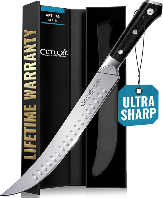 Cutluxe Butcher Knife – 10″ Cimeter Breaking Knife, Razor Sharp Forged High Carbon German Steel, Full Tang Meat Carving Knife, Ergonomic Handle Design, Grilling Gifts for Men – Artisan Series