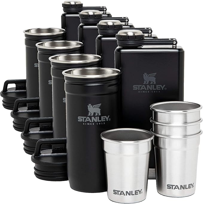 Stanley Adventure Pre-Party Flask & Nesting Shot Glass Set 8 oz Leakproof Hip Flask 4 Shot Glasses in Travel Carrying Case Insulated Stainless Steel Liquor BPA-Free Matte Black(Pack of 4)