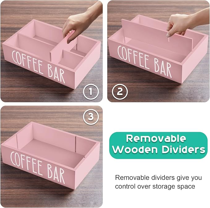 ALELION ALEION Coffee Station Organizer - Wood Countertop Accessories Organizer with Removable Dividers for Pods Condiment Syrup Tea Cups Stirrers - Pink Decor for Kitchen Coffee Bar