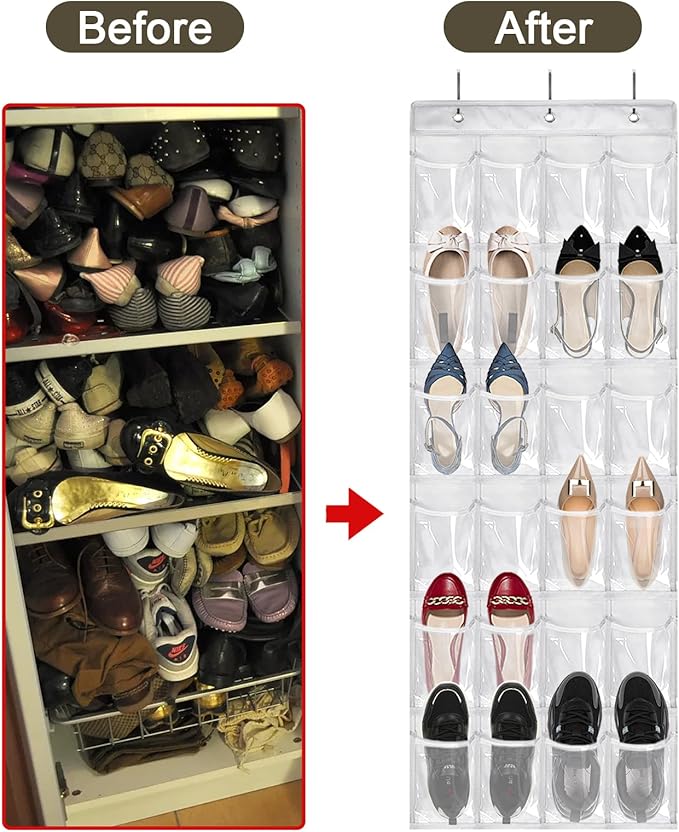 Over The Door Shoe Organizer - 2 Pack Shoe Rack for Door with 24 Pockets and Hooks, Shoe Holder Back of Door Organizers for Shoes, Hanging Shoe Organizer for Space Saving, White
