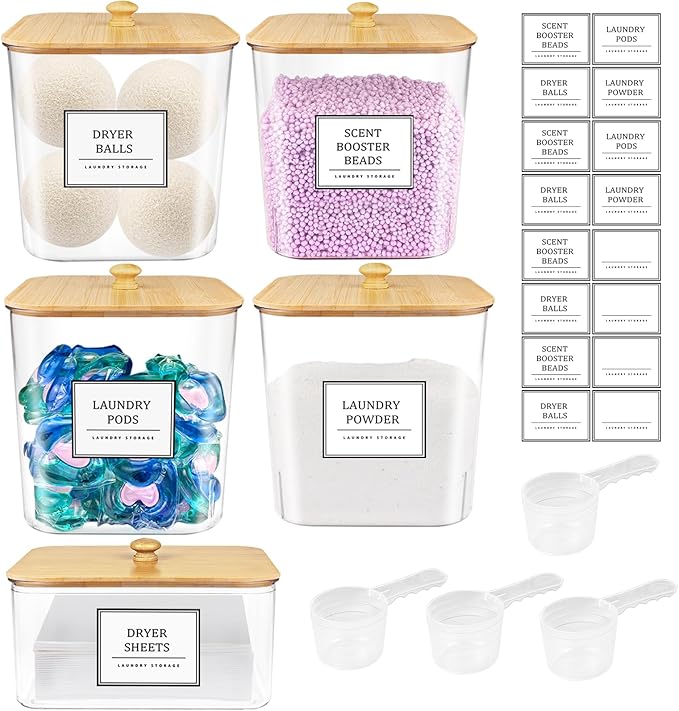 4+1 Pack Laundry Room Organization Containers,Clear Laundry Pods Container,Large Laundry Detergent Powder Storage Containers with Wooden Lids & Labels,Laundry Pods Holder for Scent Booster,Powder,Pods