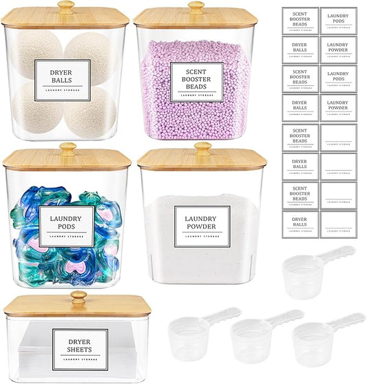 4+1 Pack Laundry Room Organization Containers,Clear Laundry Pods Container,Large Laundry Detergent Powder Storage Containers with Wooden Lids & Labels,Laundry Pods Holder for Scent Booster,Powder,Pods