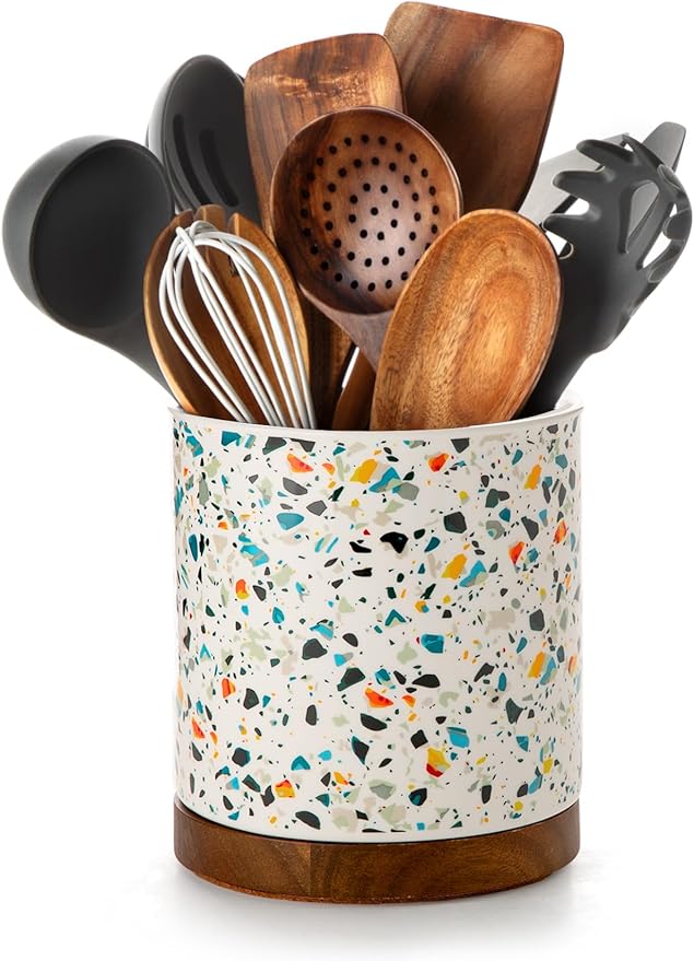 Nucookery 360°Rotating Utensil Holder, 7.2" Kitchen Utensil Crock, Ceramic Cooking Utensil Organizer with Countertop-Protection Cork Bottom for Farmhouse Kitchen Decor Christmas (Marble Pattern)