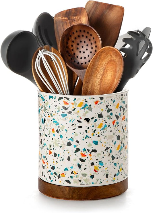 Nucookery 360°Rotating Utensil Holder, 7.2" Kitchen Utensil Crock, Ceramic Cooking Utensil Organizer with Countertop-Protection Cork Bottom for Farmhouse Kitchen Decor Christmas (Marble Pattern)