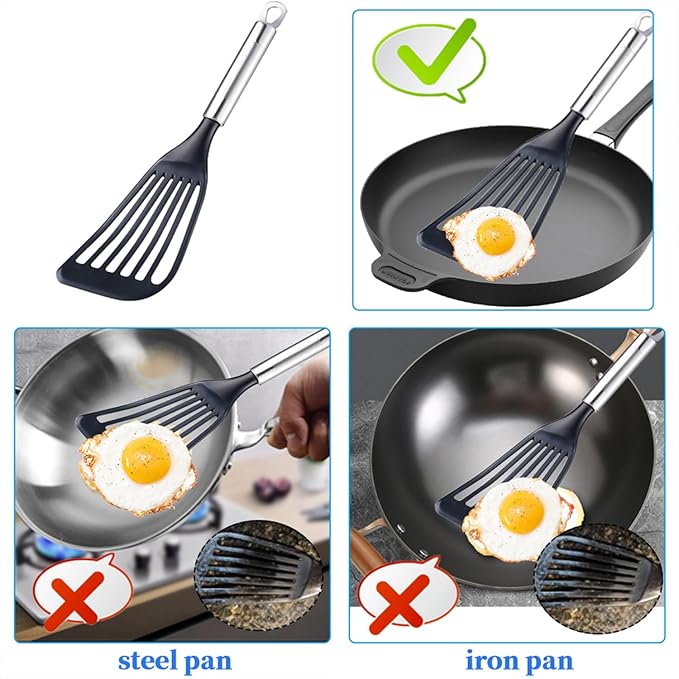 KSENDALO Fish Spatula for Nonstick Pans 2-Pack - Thin Turner for Eggs & Fish | LFGB Nylon, 10,000+ Reviews | Dishwasher Safe