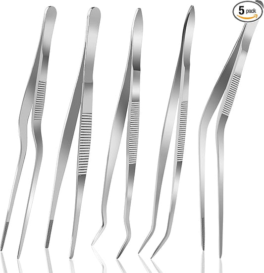 6.3 Inch Food Tweezers Stainless Steel with Precision Serrated Tips, 5PCS Kitchen Tweezers Set for Cooking, Baking, Cookie Cake Decoration, Metal Plating Tweezers
