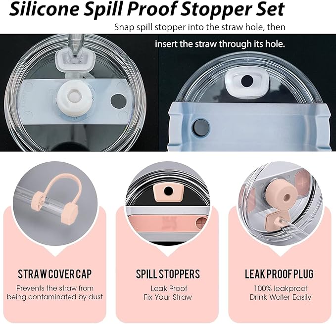 Stanley Cup Accessories - 6pc Spill Proof Stoppers, Straw Covers, Boot for 40oz & 30oz Tumblers (WHITE)
