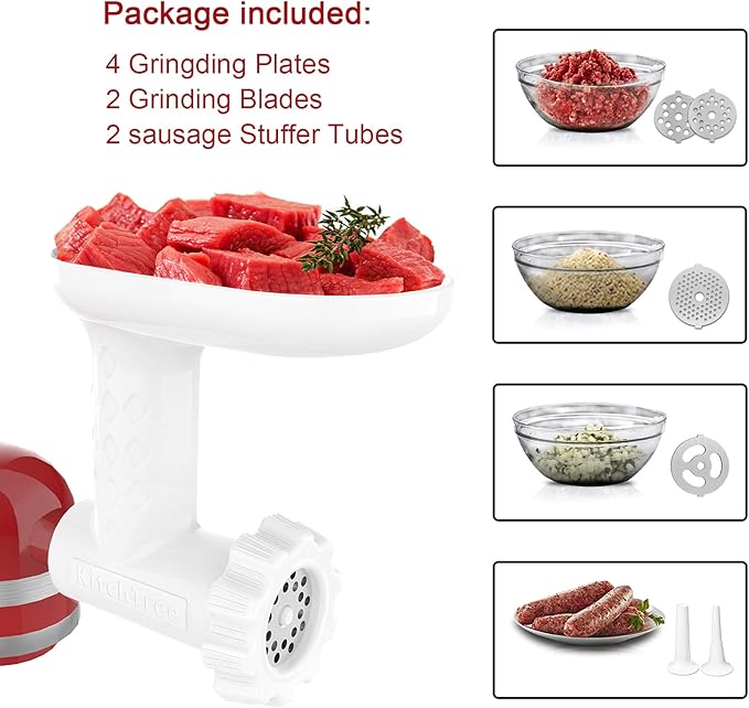 Food Grinder Attachment for KitchenAid Stand Mixers Includes 2 Sausage Filler Tubers, 4 Grinding Plates, Meat Grinder Attachment for kitchenAid, White …