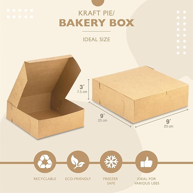 Fit Meal Prep 10 Pack Kraft Bakery Boxes, 9 x 9 x 3 Inches Brown Pastry Boxes, Cardboard Treat Boxes Pie Boxes Cookie Boxes Dessert Boxes for Cupcakes, Chocolates, Donuts, Macarons