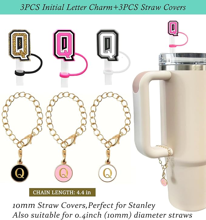 （3 +3) 3PCS Nuozme Straw Cover 10mm For Stanley Tumbler Cup Reusable Straw Cap Topper with 3 Initial Letter Charms Accessories Name ID Personalized Handle Charm For Stanley 30&40 Oz Cup Tumbler