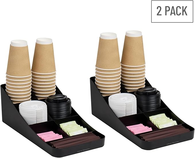 Mind Reader Cup and Condiment Station, Set of 2, Countertop Organizer, Coffee Bar, Kitchen, 7.25" L x 15.5" W x 5.25" H, Black