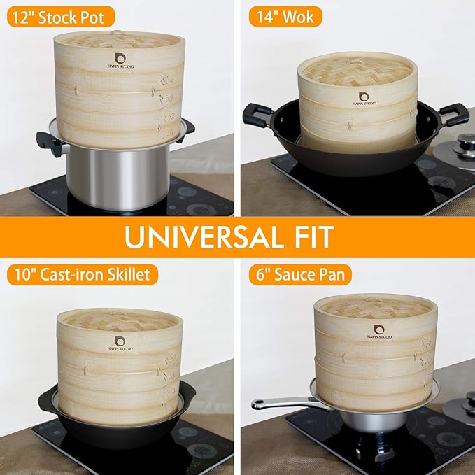 Bamboo Steamer Basket - 10 Inch 2-Tier Bamboo Dumpling Steamer for Cooking Dim Sum, Momo, Rice - Bao Bun - Natural Chinese Steam Baskets with Stainless Steel Ring Set