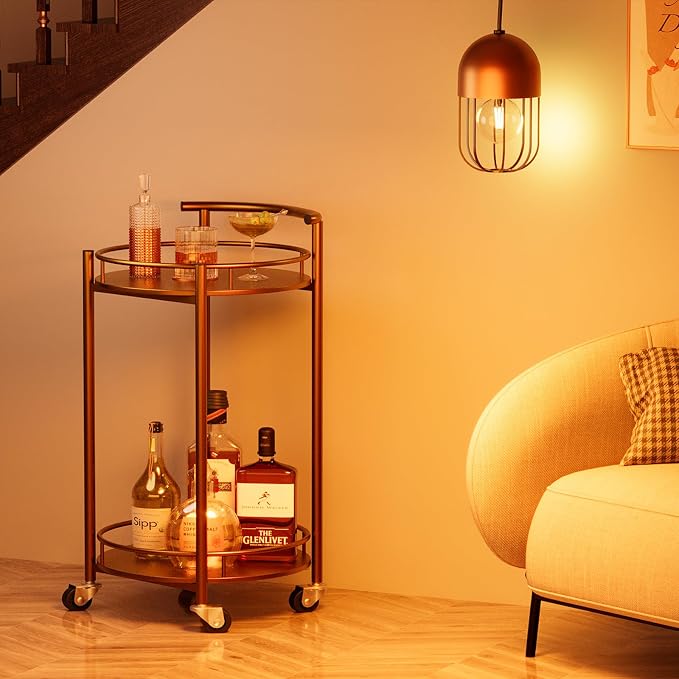 Bar Cart Gold Rolling Cart for Home, 2 Tiers Bar Serving Cart Round Wine Cart - Image 7