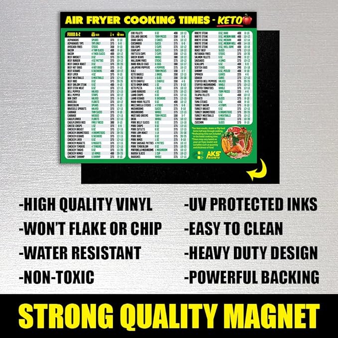 Air Fryer Cheat Sheet Magnet, Keto Edition - Air Fryer Cooking Times Chart for 100 Keto Food Items - Magnetic Airfry Guide for Ketogenic Cookbooks and Recipes - Low Carb Diet Plan Airfryer Accessories