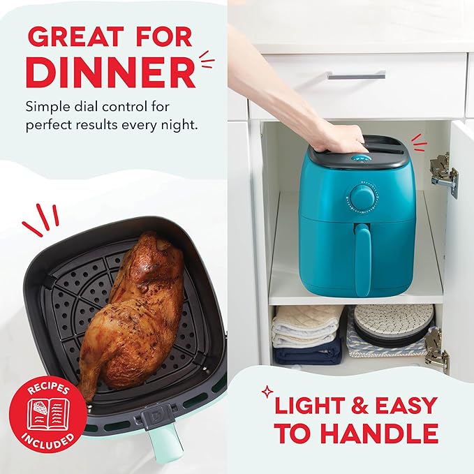 DASH Tasti-Crisp™ Electric Air Fryer Oven, 2.6 Qt., Teal – Compact Air Fryer for Healthier Food in Minutes, Ideal for Small Spaces - Auto Shut Off, Analog, 1000-Watt