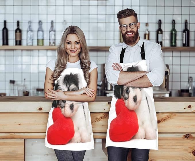 EKOBLA Puppy Dog With A Red Heart Aprons Cute Funny Adorable Animal Romantic Valentine's Day Waterproof Resistant Chef Cooking Kitchen BBQ Adjustable Aprons for Women Men 27x31 Inch