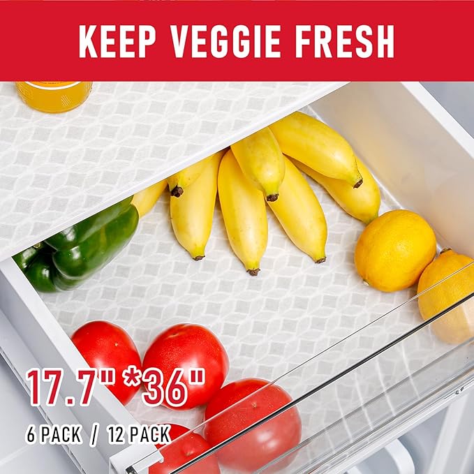 Cooyes 12 Pack Large Refrigerator Liners 17.7" x 36", Absorbent Strong Grip Fridge Liners Washable, Fridge Shelf Liner for Kitchen Cabinets, Non-Adhesive Refrigerator Bin Liners and Mats