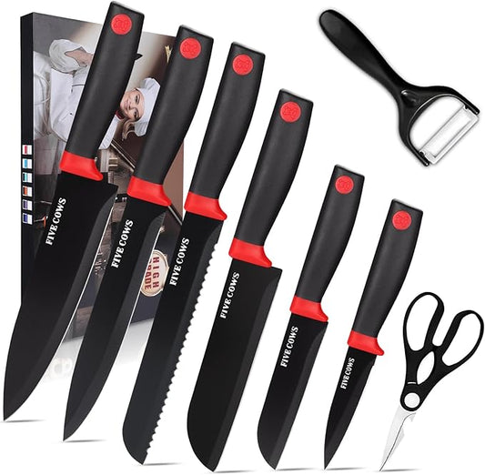 8-Piece Chef Knife Set - Ultra Sharp Premium German High Carbon Stainless Steel, Razor-Sharp & Durable, Lightweight Anti-Slip Handle, Professional Kitchen Knives with Gift Box (Red 8 Piece)