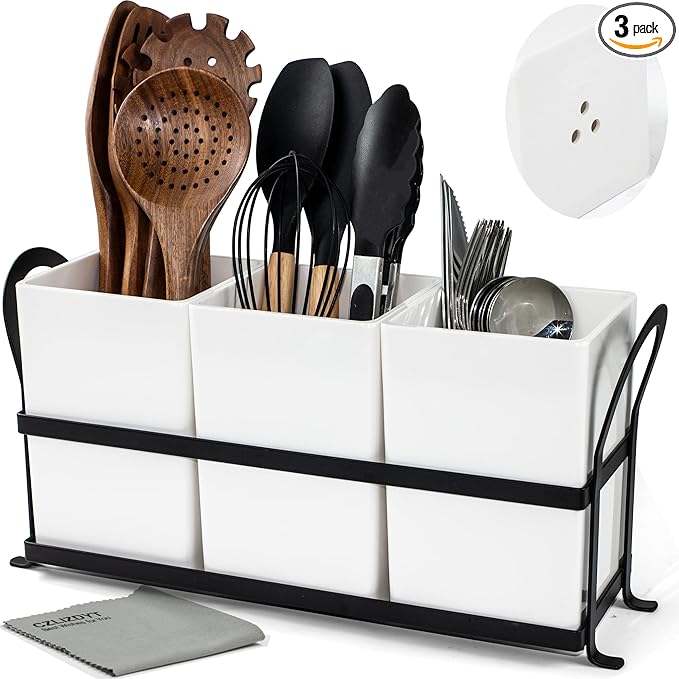 Large Utensil Caddy, Drainage Utensil Holder for Kitchen Counter, 3pcs Bins Set Cooking Utensil Organizer for Spoons, Spatulas, White