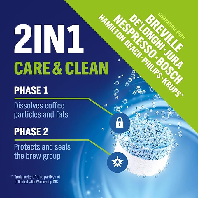 WoldoClean 2-Phase Cleaning Tablets for Espresso Machines 25 Tablets - compatible with Breville, Jura, Bosch, Philips, Casabrews, KitchenAid, De'Longhi, Ninja