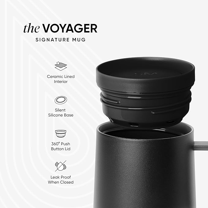 Simple Modern Voyager Signature Mug | Travel Coffee Tumbler with 360° Lid and Handle | Ceramic-Lined Insulated Stainless Steel Iced Cold Brew Cup | 12oz, Midnight Black